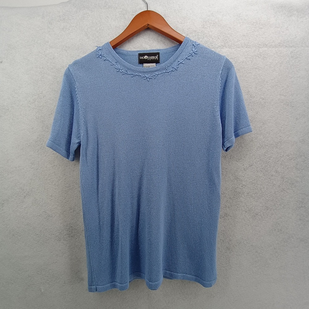 Sag Harbor Petite Medium Sweater Women Blue Embroidered Neck Knit Short Sleeve